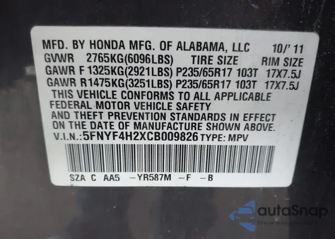 2012 Honda Pilot Lx from USA, damaged, VIN 5FNYF4H2XCB009826
